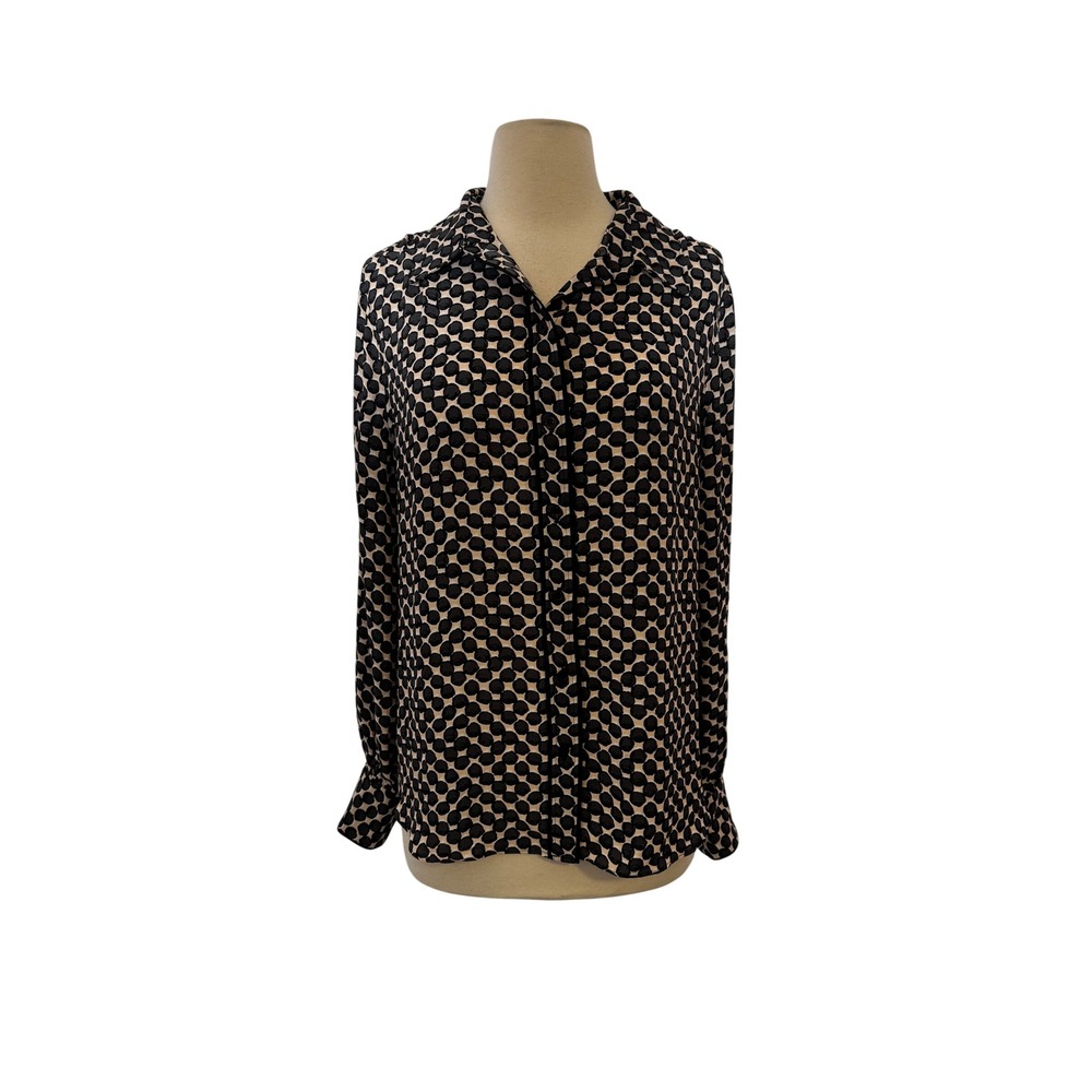 White House Black Market Women Black Tan Geometric Polka Dot Button Down Blouse